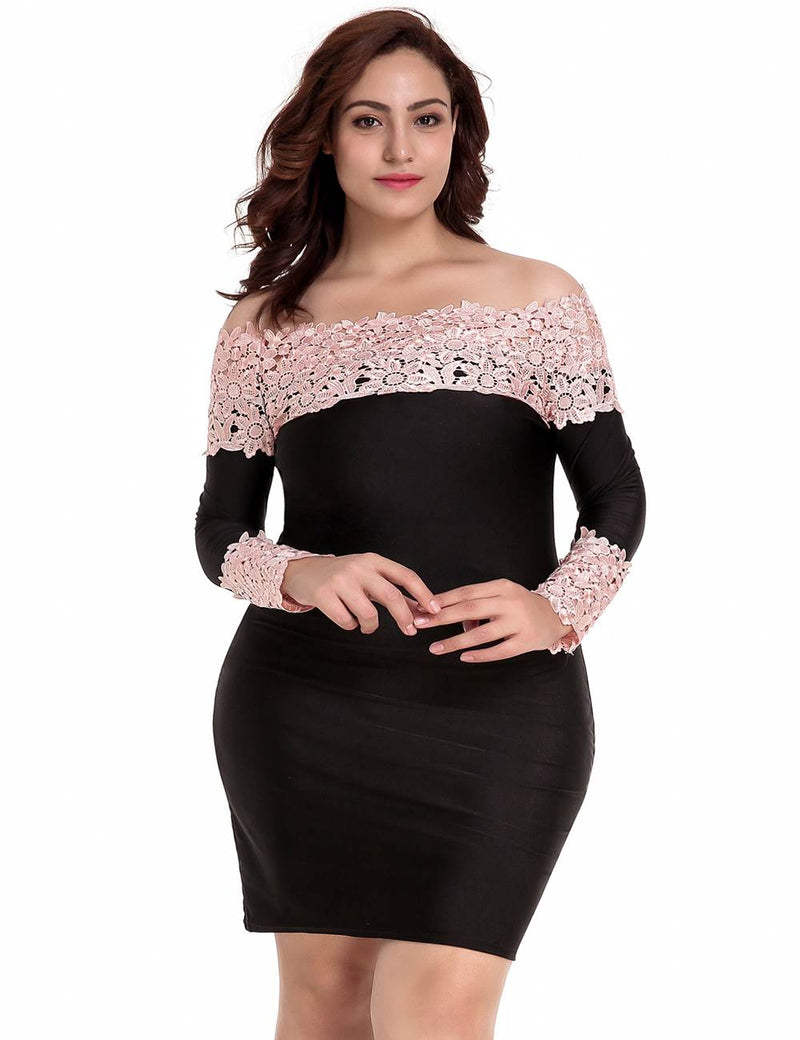 Plus Size Long Sleeve Off-Shoulder Fashion Lace Dress