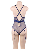 Plus Size Blue Satin Lace Stitching Teddy With Garter