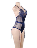 Plus Size Blue Satin Lace Stitching Teddy With Garter