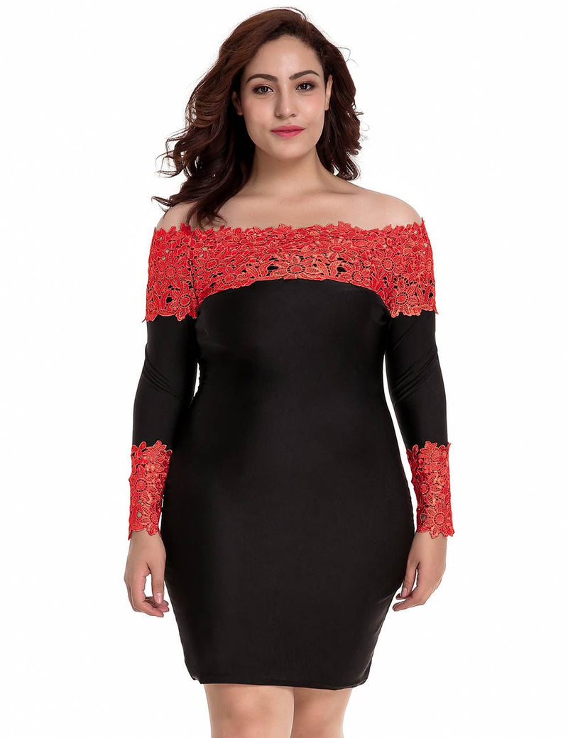Plus Size Long Sleeve Off-Shoulder Fashion Lace Dress