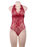 Red Deep V Backless Exquisite Lace Teddy With Farawlaya