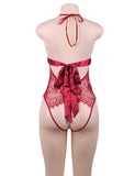 Red Deep V Backless Exquisite Lace Teddy With Farawlaya
