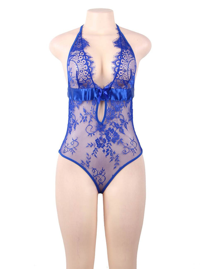 Blue Deep V Backless Exquisite Lace Teddy With Farawlaya