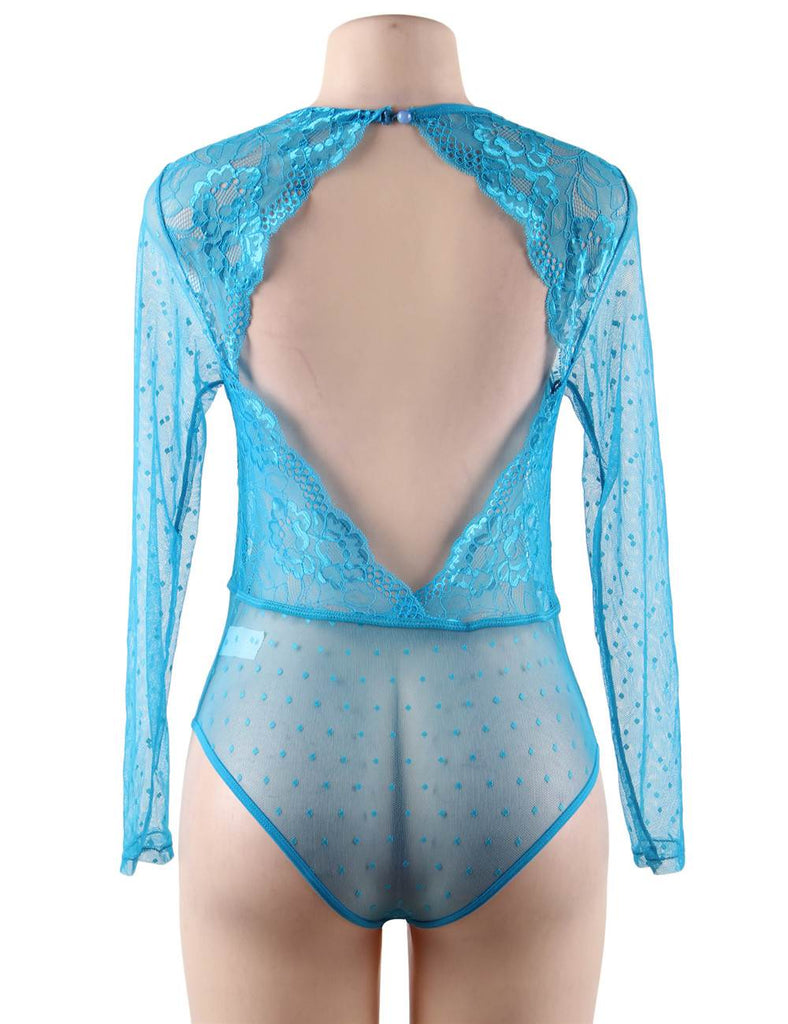 Blue High Quality Lace Stitching Long Sleeve Sexy Teddy