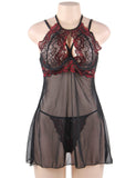 Black Red Stitching Lace Perspective Babydoll