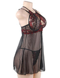 Black Red Stitching Lace Perspective Babydoll