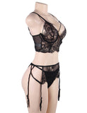 Lace Open Bust Bra And Garter Panty Set With Steel Ring