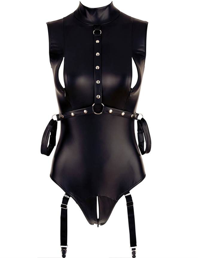 Sleeveless Bodysuit Black PU Leather Open Bust Temptation