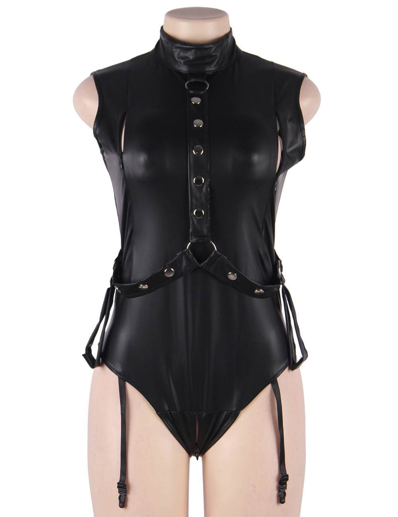 Sleeveless Bodysuit Black PU Leather Open Bust Temptation