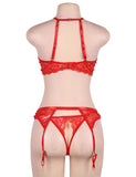 Gold Wire Red & Black Lace Stitching Cross Straps Sexy Bra Set With Steel Ring