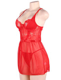 Plus Size Elegant Red Lace Straps Backless Babydoll Set With Steel Ring