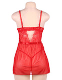 Plus Size Elegant Red Lace Straps Backless Babydoll Set With Steel Ring