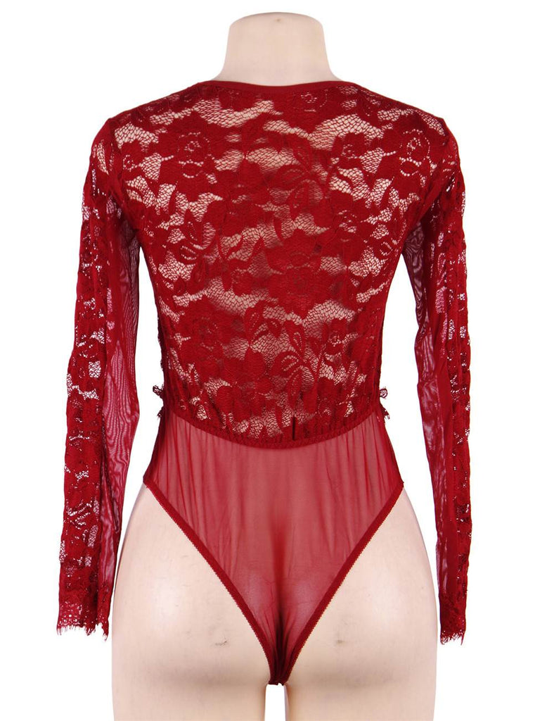 Red Eyelashes Lace Open Chest Long Sleeve Teddy