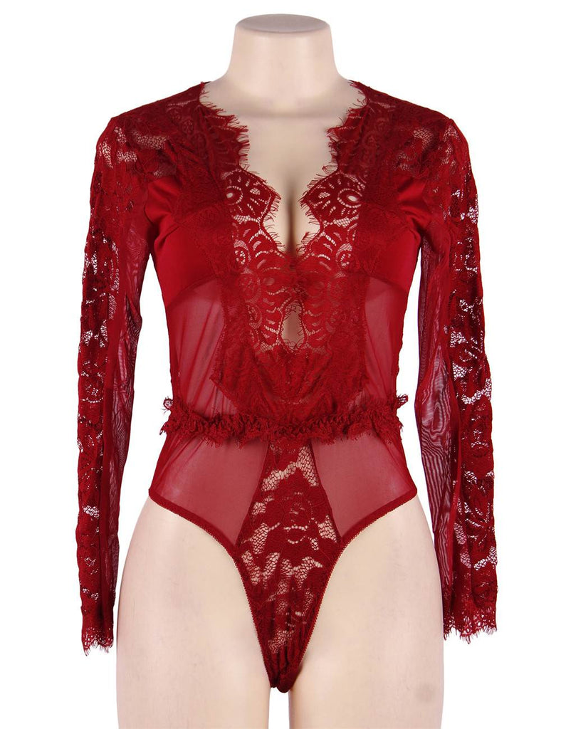 Red Eyelashes Lace Open Chest Long Sleeve Teddy