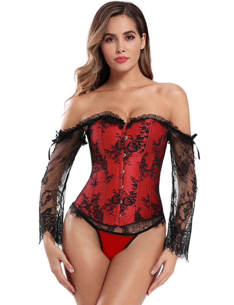 New Sexy Lace Sleeves Stitching Red Corset
