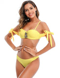 New Yellow Bandage Rhinestone Decoration Sexy Summer Women‘s Bikini Set With Farawlaya