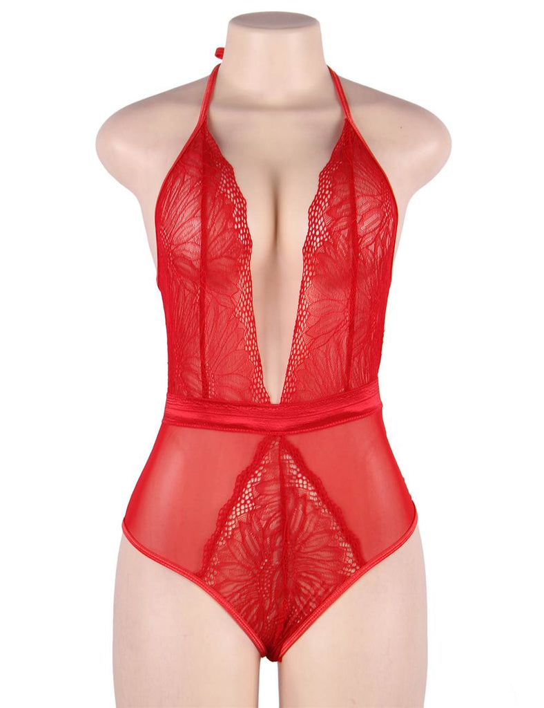 Plus Size Red Lace Hollow Out Deep V Sexy Teddy