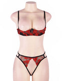 Red Flower Embroidery Open Bra Set