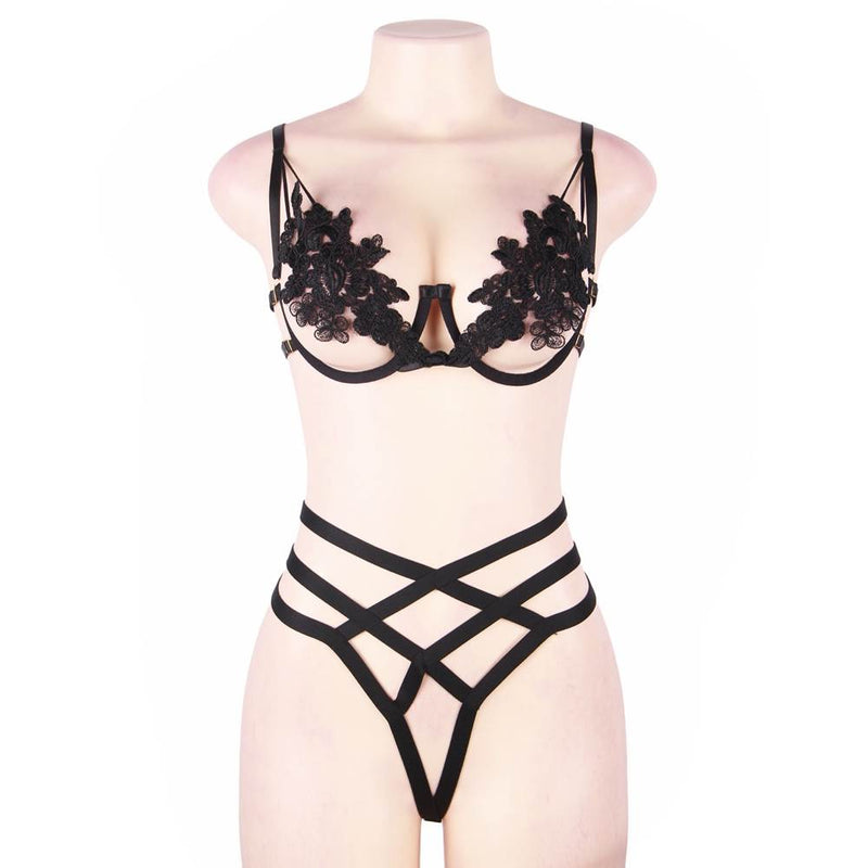 Black Elegant Embroidery Fashion Bra Set Egypt With Underwire