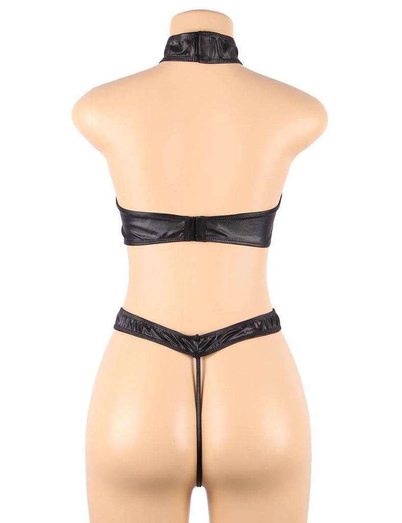 Plus Size Sexy Black Leather Exquisite Choker Neck Bra Set