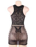 Crotchet Mesh Hollow-out Black Mini Chemise Dress With Gloves