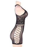 New Crotchet Mesh Hollow-out Black Mini Chemise Dress With Gloves