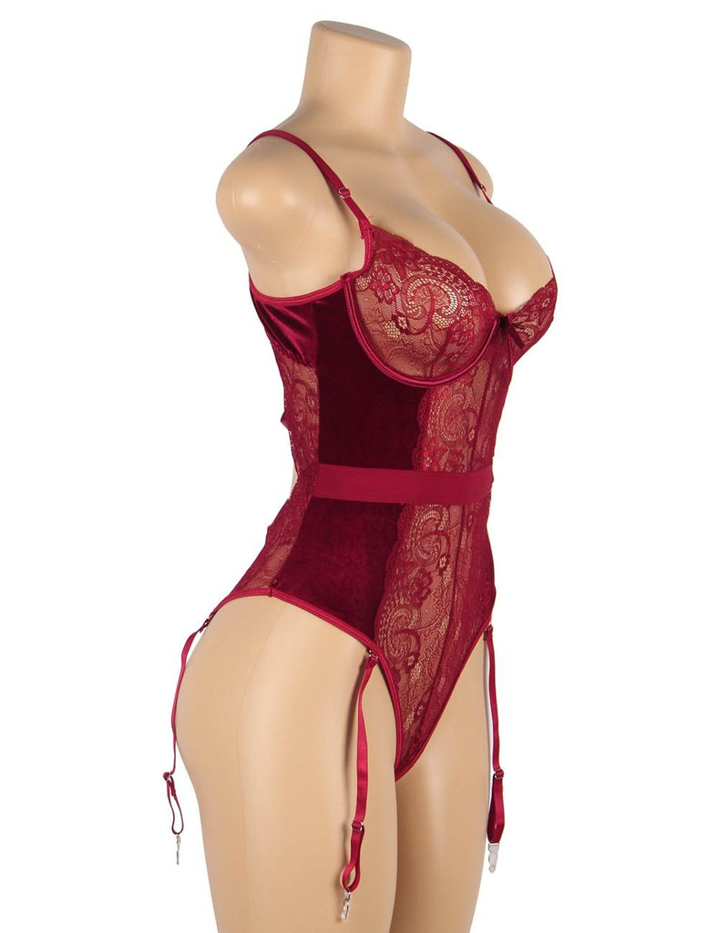 Cross Back Design Lace And Velour Stitching Teddy With Underwire