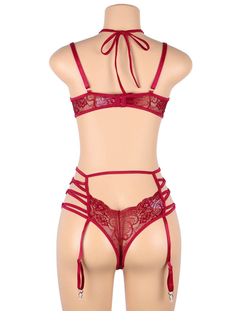 Sexy Velvet Floral Lace Patchwork Gartered Lingerie Set With Underwire