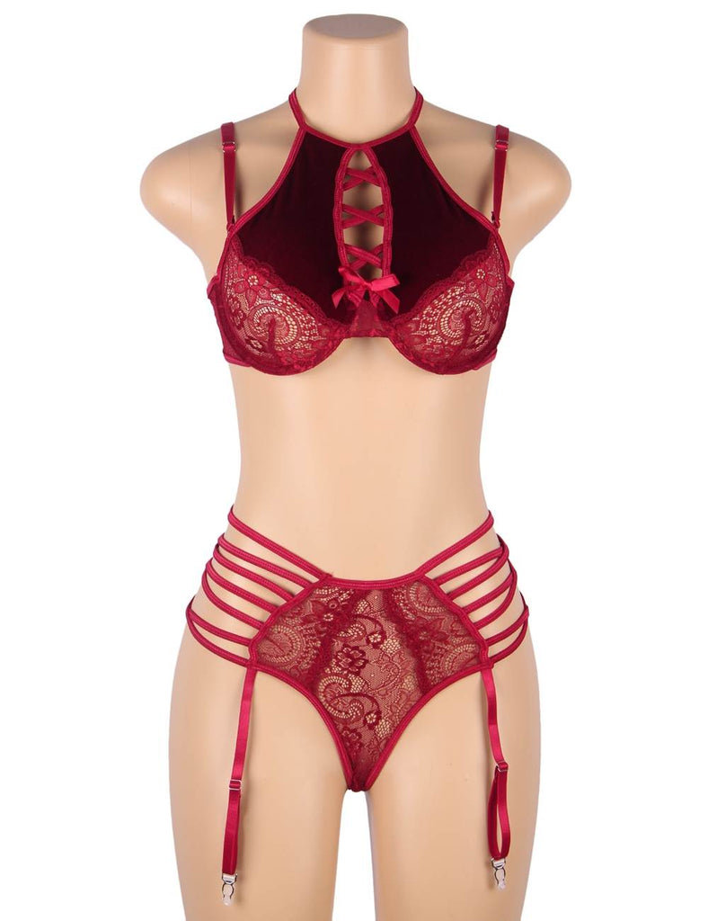 Sexy Velvet Floral Lace Patchwork Gartered Lingerie Set With Underwire