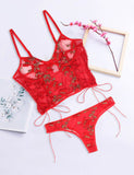 Pink & Gray & Red Butterfly Pattern Embroidery Mesh Lingerie Set With Underwire