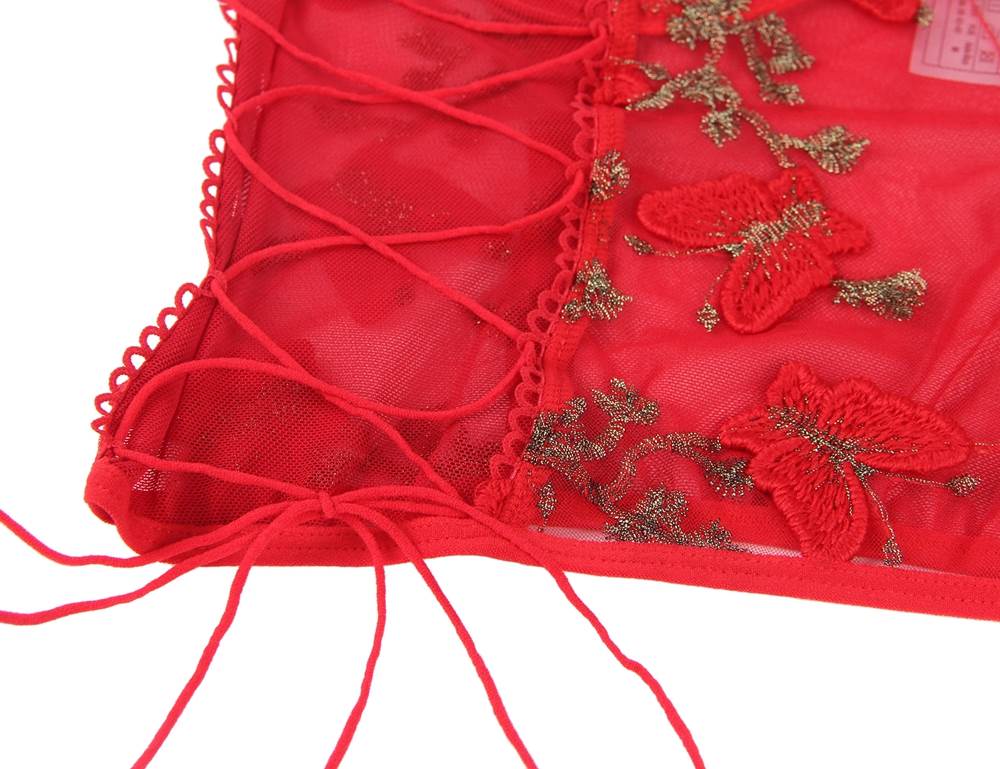 Wih Farawlaya Pink & Gray & Red Butterfly Pattern Embroidery Mesh Lingerie Set With Underwire