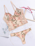 Pink & Gray & Red Butterfly Pattern Embroidery Mesh Lingerie Set With Underwire