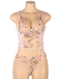 Pink & Gray & Red Butterfly Pattern Embroidery Mesh Lingerie Set With Underwire