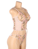 Pink & Gray & Red Butterfly Pattern Embroidery Mesh Lingerie Set With Underwire