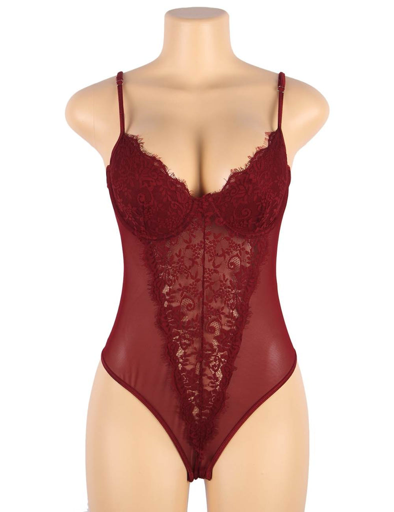 Black & Wine High Quality Lace Splicing Sexy Teddy With Underwire