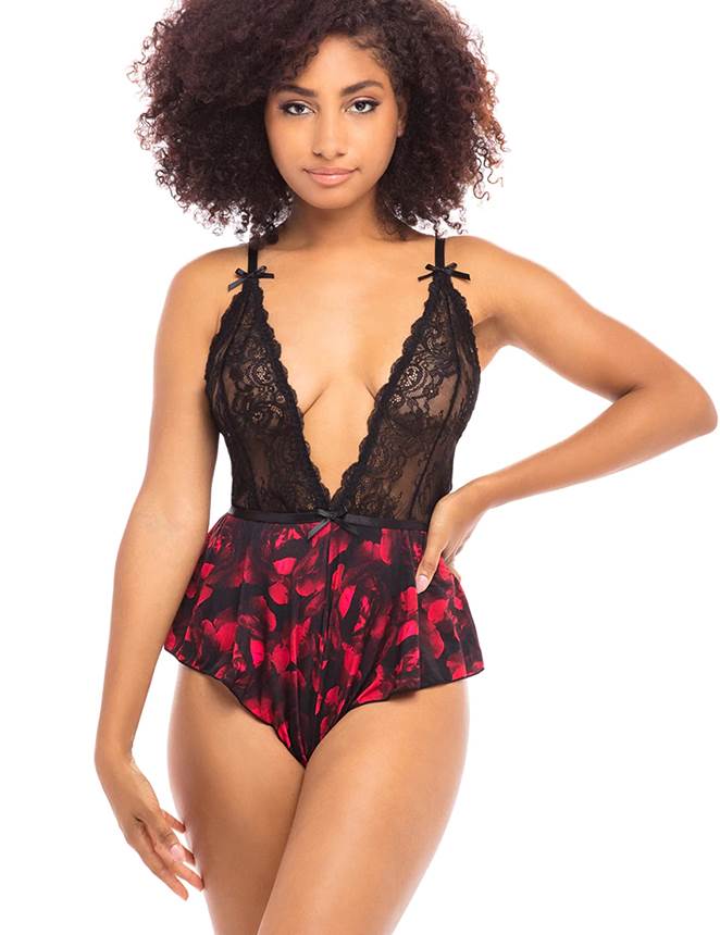 Fashion Sexy Lace Floral Print Plunge Neck Teddy