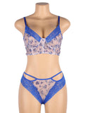 With Farawlaya Blue Lace floral stitching Cross Straps Bra Set With Underwire