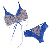 Plus Size With Farawlaya Blue Lace floral stitching Cross Straps Bra Set With Underwire
