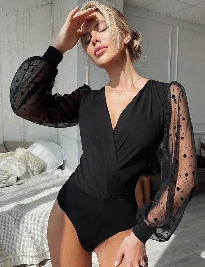 Crotch Open One Piece Long Sleeve Black Lace Deep V Fashion Bodysuit  WITH FARAWLAYA