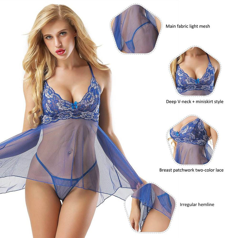 Blue Sheer Mesh Babydoll Lingerie With G String