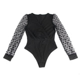 Crotch Open Black Polka dot mesh Long Sleeve Deep V Fashion Bodysuit With Farawlaya