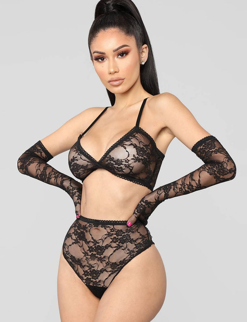 See-through sexy women‘s full lace high stretch bra panty set with sleeves