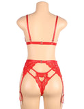 Sexy three-piece sexy lingerie with deep V and peach heart garter
