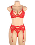 Sexy three-piece sexy lingerie with deep V and peach heart garter