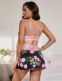 Floral Print Lace-up Babydoll Without Underwire