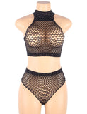 New Black Two Piece Fishnet Rhinestone See Through Bikini Top and Shorts Set