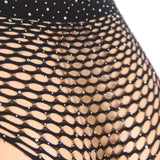 New Black Two Piece Fishnet Rhinestone See Through Bikini Top and Shorts Set