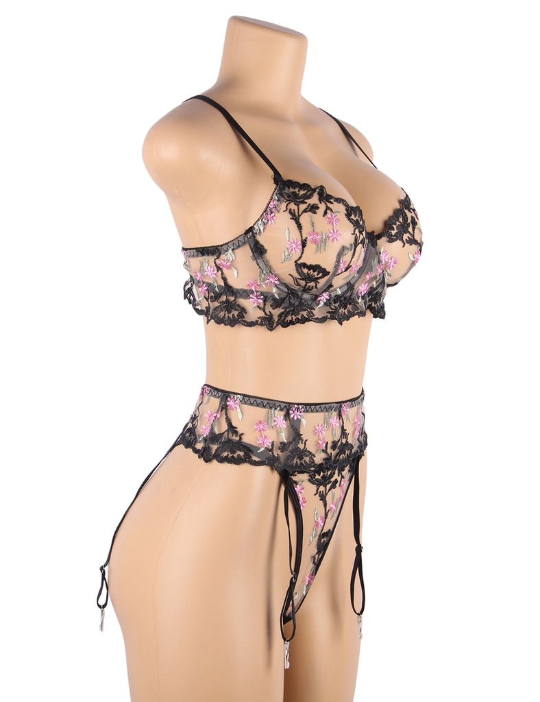 Floral Embroidery Underwire Garter Lingerie Set –