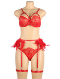 Red Feather Lace Underwire Garter Lingerie Set