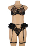 New Feather Lace Underwire Garter Lingerie Set